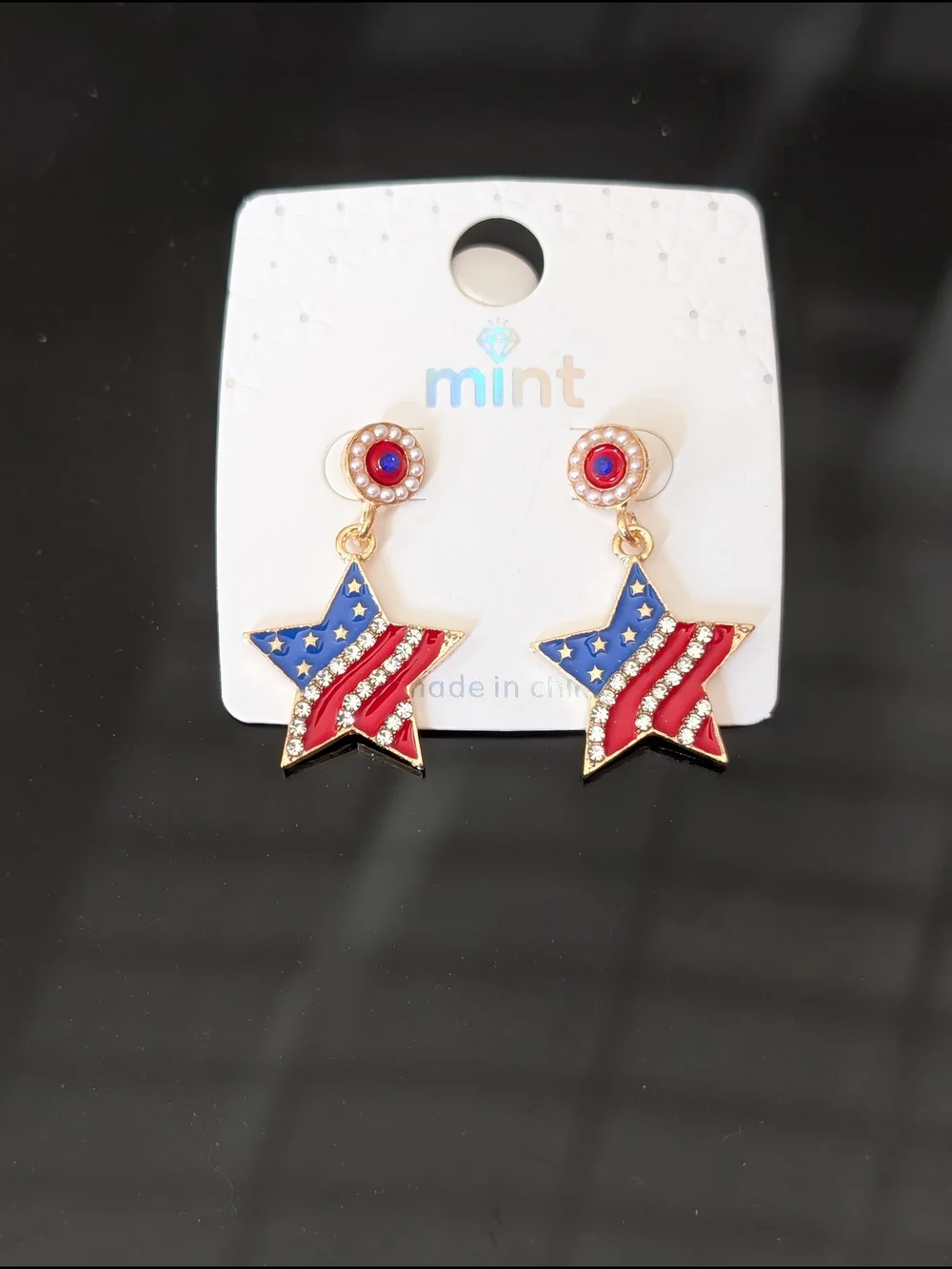 Mint Red & Blue Star Drop Earrings with Gold Accents